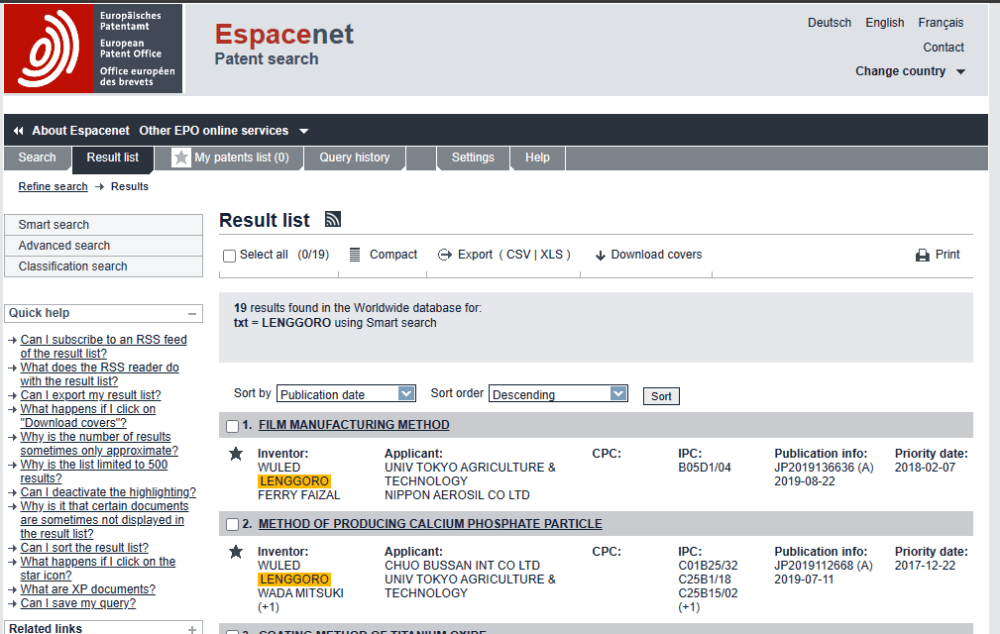 List of Patents by Lenggoro