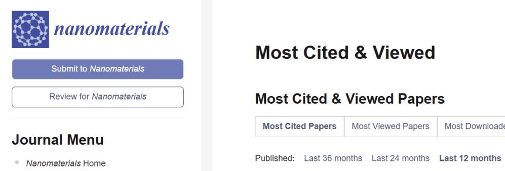 The most cited & viewed papers in Nanomaterials (journal). Last 12 months