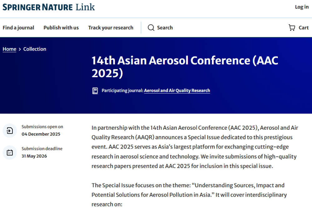 Aerosol & Air Quality Research (Springer-Nature): SPECIAL ISSUE on 14th Asian Aerosol Conference