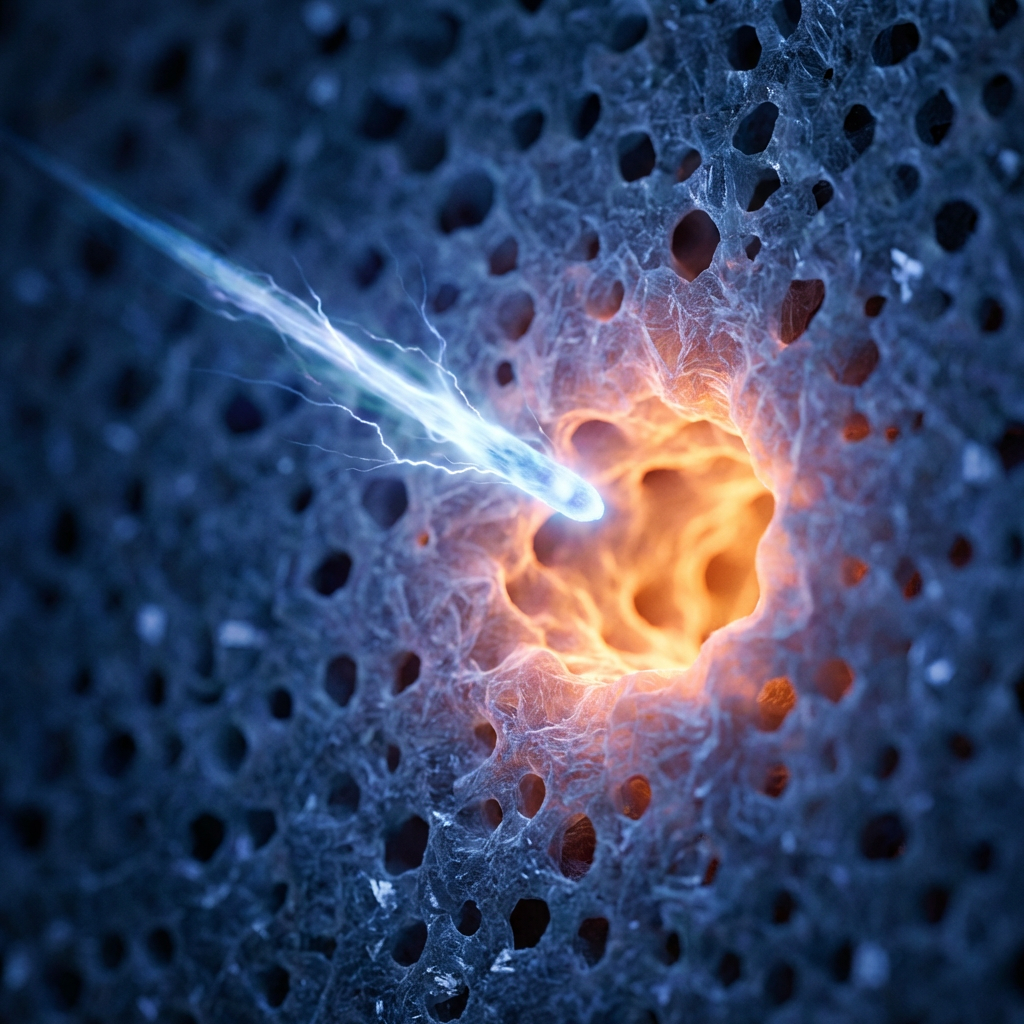 A glowing blue energy streak entering a central hole in a grey porous surface.