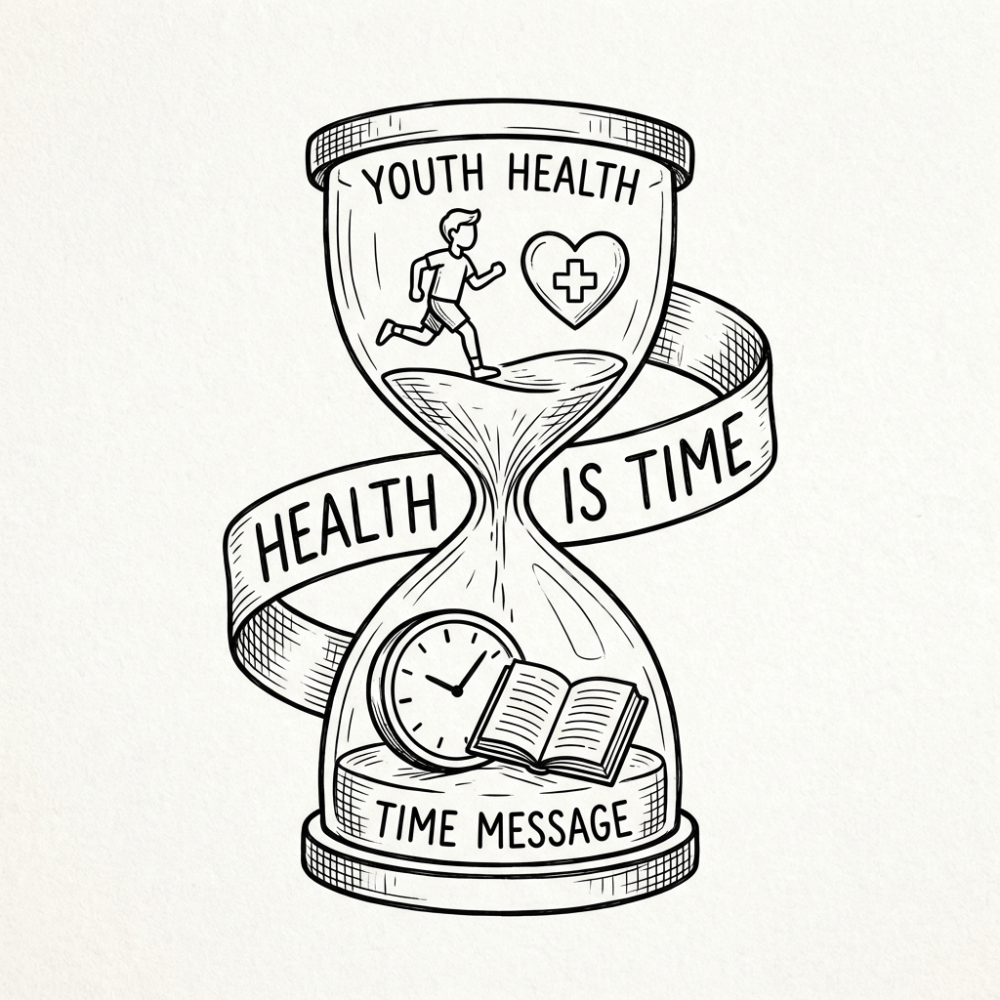 Illustration of an hourglass with text 'YOUTH HEALTH', 'HEALTH IS TIME', and 'TIME MESSAGE'.