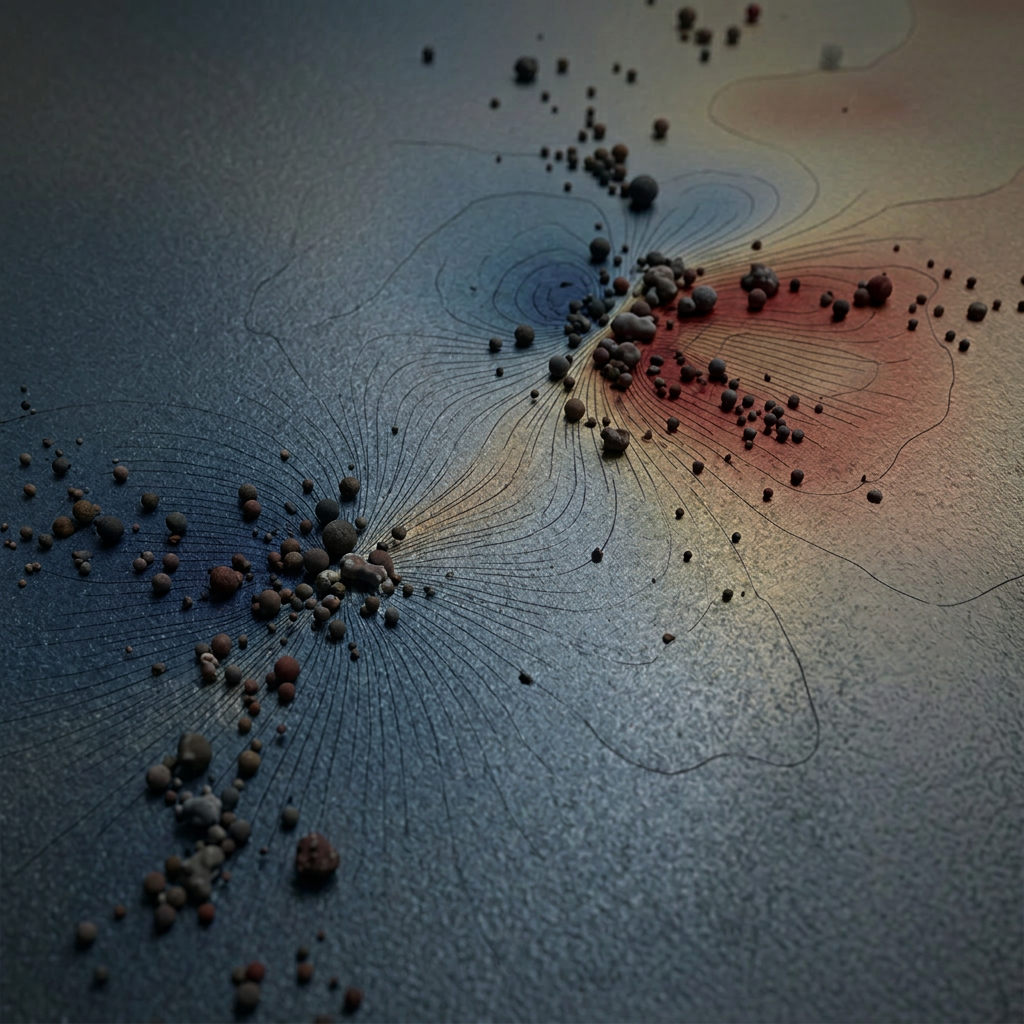 3D visualization of surface potential with blue to red gradient and scattered particles