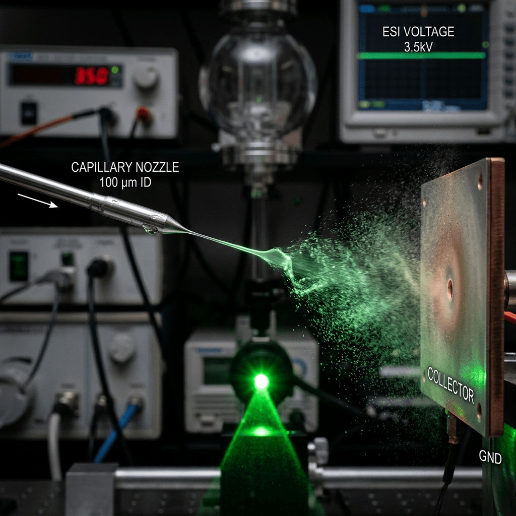 Electrospray ionization producing green plume from 100 µm capillary nozzle to grounded collector with voltage 3.5kV